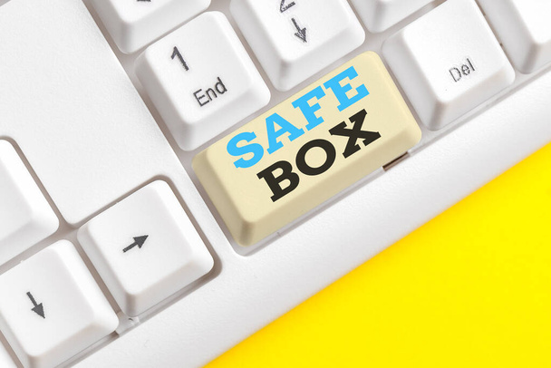 Handwriting text Safe Box. Concept meaning A small structure where you can keep important or valuable things White pc keyboard with empty note paper above white background key copy space. - Photo, Image