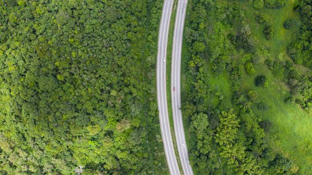 Luftaufnahme einer Provinzstraße, die durch einen Wald führt. - Foto, Bild