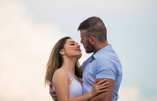 Romantic relations. True love. Family love. Devotion and trust. Couple in love. Cute relationship. Man and woman cuddle nature background. Supporting her. Together forever we two. Love story - Fotoğraf, Görsel