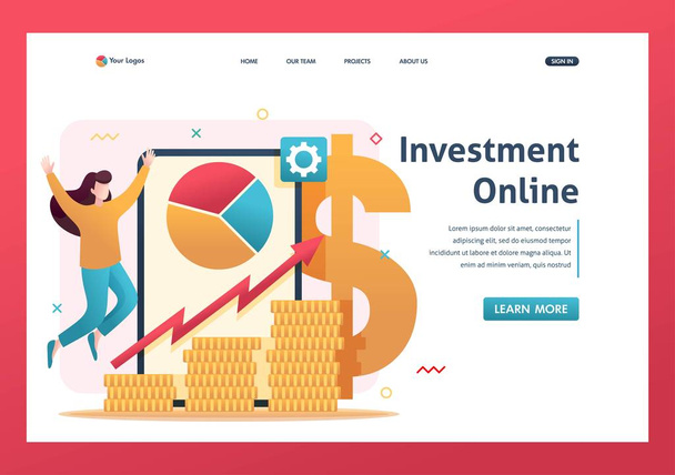 Online-Investmentmanagement investieren Anleger in Aktien und Online-Vermögenswerte. flache 2D-Zeichen. Landing Page Konzepte und Webdesign - Vektor, Bild
