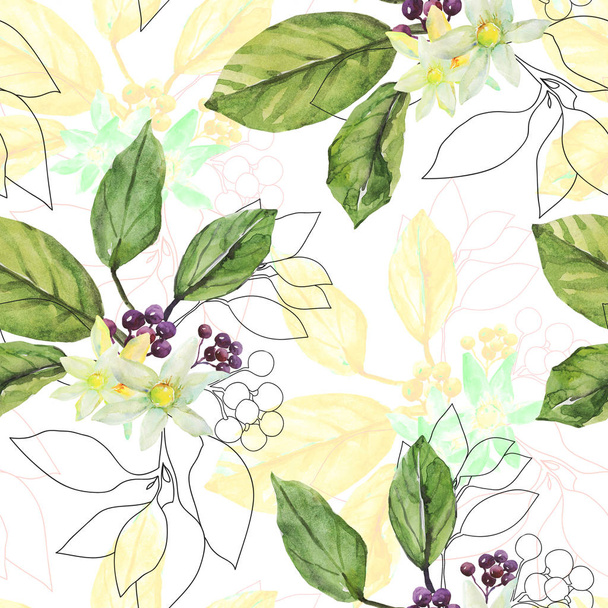 Seamless pattern Tree laurel.Watercolor branch on a white and colored background. - Фото, изображение