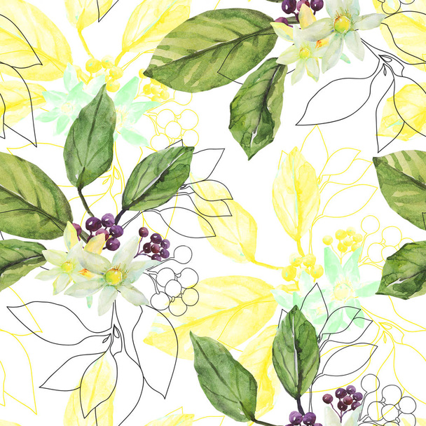 Seamless pattern Tree laurel.Watercolor branch on a white and colored background. - Φωτογραφία, εικόνα