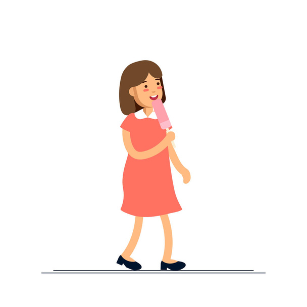 Vector Illustration of girl feeling happy and eat sweet ice cream. Childhood time. - Vector, Image