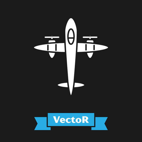 Bílé staré retro letadlo ikona izolované na černém pozadí. Ikona létajícího letadla. Letecká značka. Vektorová ilustrace - Vektor, obrázek