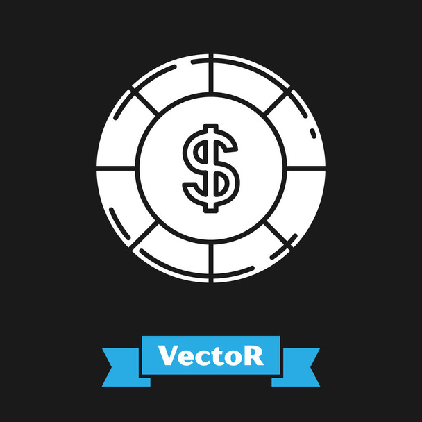 Λευκό τσιπ χαρτοπαικτικών λεσχών με σύμβολο δολαρίου απομονωμένο σε μαύρο φόντο. Τζόγος. Εικονογράφηση διανύσματος - Διάνυσμα, εικόνα
