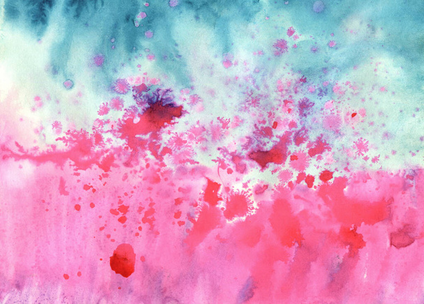 Fine watercolor texture splashes and stains, color blue and pink - Photo, Image