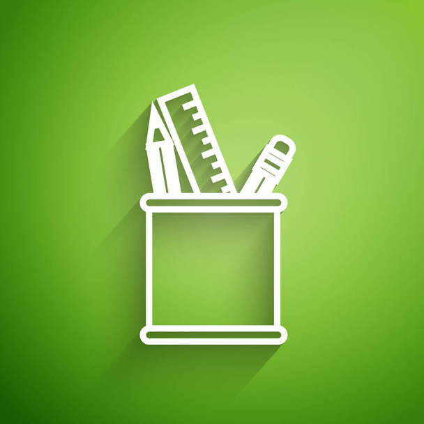 Línea blanca Icono de papelería del estuche de lápiz aislado sobre fondo verde. Lápiz, bolígrafo, regla en un vaso para oficina. Ilustración vectorial
 - Vector, Imagen