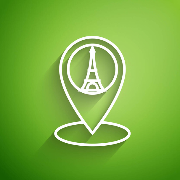 Línea blanca Puntero de mapa con icono de la torre Eiffel aislado sobre fondo verde. Francia París símbolo emblemático. Ilustración vectorial
 - Vector, imagen