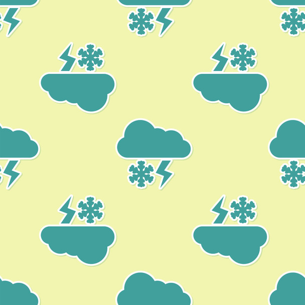 Green Cloud with snow and lightning icon isolated seamless pattern on yellow background. Cloud with snowflakes. Single weather icon. Snowing sign. Vector Illustration - Vecteur, image