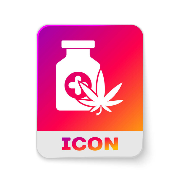 Botella médica blanca con marihuana o icono de hoja de cannabis aislado sobre fondo blanco. Simulación de extractos de aceite de cannabis en frascos. Botón de color rectángulo. Ilustración vectorial
 - Vector, imagen