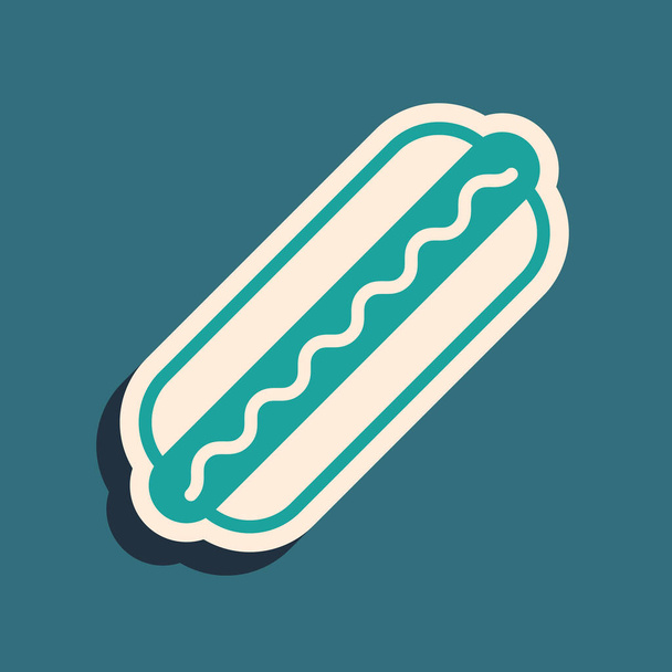 Zelený hotdog sendvič s ikonou hořčice izolované na modrém pozadí. Ikona klobásy. Znamení rychlého občerstvení. Dlouhý stínový styl. Vektorová ilustrace - Vektor, obrázek