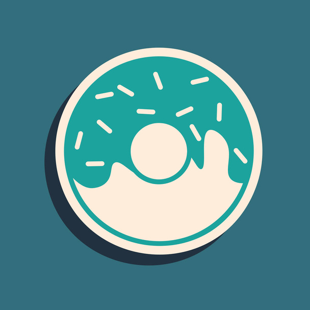 Donut vert avec icône glaçure douce isolé sur fond bleu. Style ombre longue. Illustration vectorielle
 - Vecteur, image