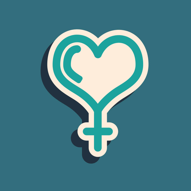 grünes weibliches Geschlechtssymbol und Herzsymbol isoliert auf blauem Hintergrund. Venussymbol. das Symbol für einen weiblichen Organismus oder eine Frau. Lange Schatten. Vektorillustration - Vektor, Bild