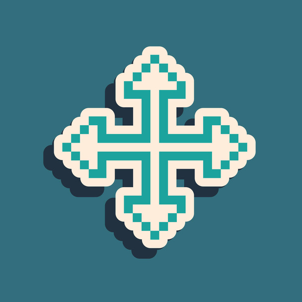 Green Pixel šipky ve čtyřech směrech ikona izolované na modrém pozadí. Značka pohybu kurzoru. Dlouhý stínový styl. Vektorová ilustrace - Vektor, obrázek