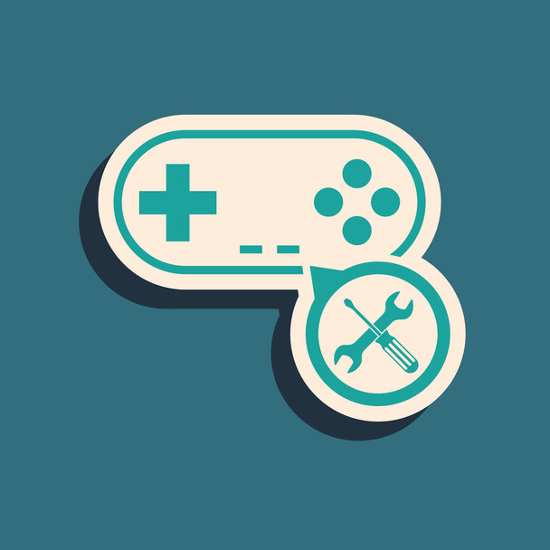 Green Gamepad with screwdriver and wrench icon isolated on blue background. Adjusting, service, setting, maintenance, repair, fixing. Long shadow style. Vector Illustration - Vector, Image