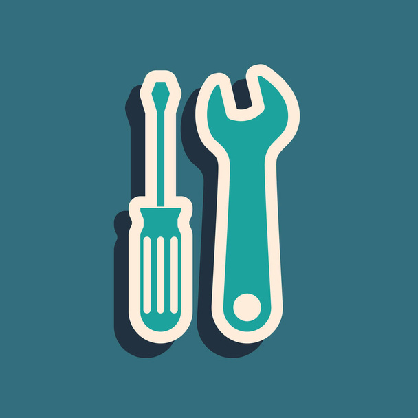Green Screwdriver and wrench tools icon isolated on blue background. Service tool symbol. Long shadow style. Vector Illustration - Vector, Image