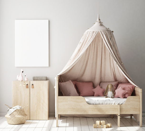 poster çerçevesi çocuk yatak odası, İskandinav tarzı iç arka plan, 3d render, 3d çizim kadar alay - Fotoğraf, Görsel