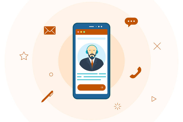 Customer support help operator male avatar on smartphone screen. Online technical mobile consultant service 24-7 concept. Virtual assistance helpline modern communication vector illustration - Vector, Image