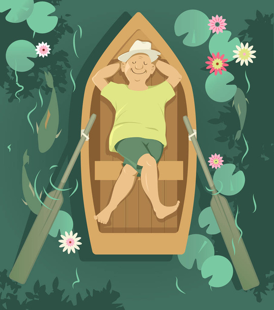 Senior Mann entspannt sich in einem Ruderboot, treibt einen ruhigen Fluss hinunter, Folge 8 Vektorillustration - Vektor, Bild