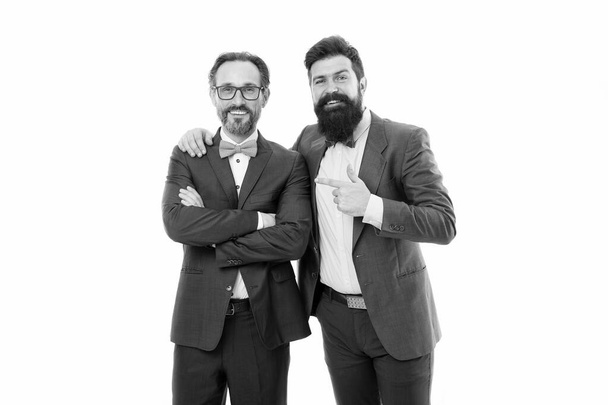 How cool is he. Men successful entrepreneurs white background. Business team. Business people concept. Men bearded stylish guys wear formal suits. Well groomed business men. Partnership and teamwork - Valokuva, kuva