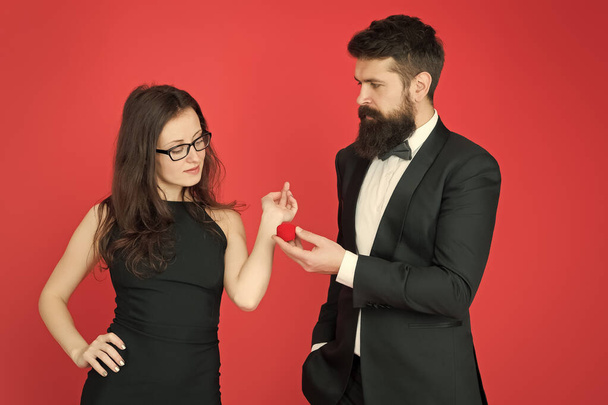tuxedo man and elegant lady at wedding party. formal couple. ring in box. love date and romance. bearded man make woman marriage proposal. valentines day. sexy couple in love. wedding party - Foto, Imagem