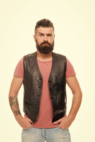 Feeling weird. Emotional face expression. Hipster mature guy with beard brutal guy. Masculinity concept. Barber shop and beard grooming. Styling beard and moustache. Fashion trend beard grooming - Foto, imagen