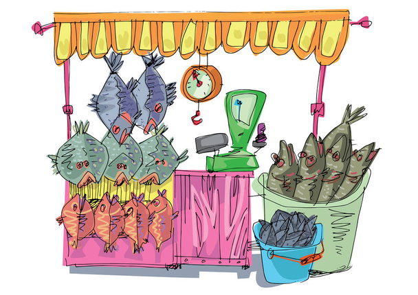 Un lindo mercado de mariscos lleno de todo tipo de comida marina y oceánica. Dibujos animados. Caricatura
. - Vector, imagen