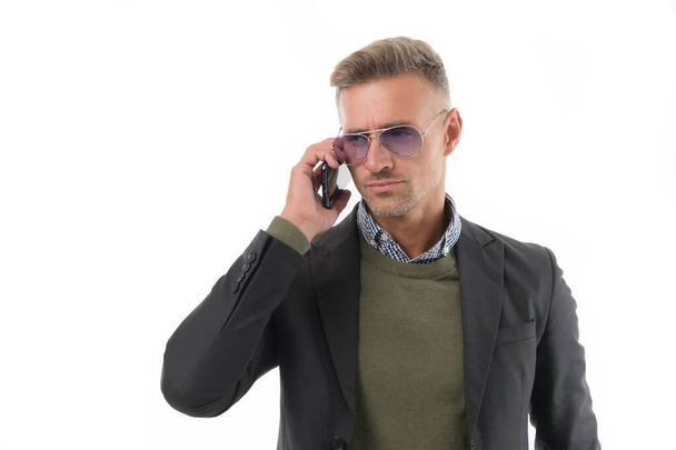 Serious conversation. Nothing personal just business. Man control business phone call. Businessman call smartphone delegation task. Business communication. Successful call mobile conversation - Фото, зображення