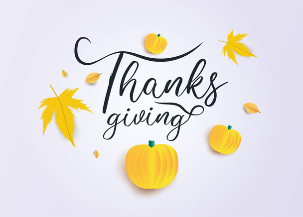 Calligraphy text Thanksgiving with pumpkins and autumn leaves on grey background. Can be used as greeting card or poster design. - Vektor, obrázek
