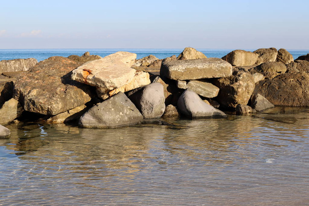 Великі камені й мушлі лежать на березі Середземного моря на півночі Ізраїлю.  - Фото, зображення