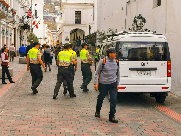 Quito, Ecuador, September 29, 2019: Police guarding the historic centre of Quito, Ecuador. - 写真・画像