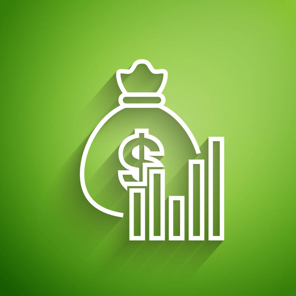 Biała linia Worek pieniędzy i ikona wykresu diagramu izolowane na zielonym tle. Analityka finansowa, planowanie budżetu, zarządzanie finansami. Ilustracja wektora - Wektor, obraz