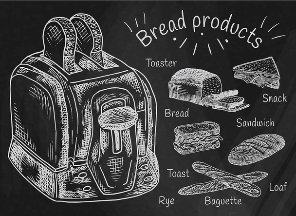 Chalk drawing bread products. Best choice for breakfast. Toaster and breadon the chalkboard background - Vector, Image