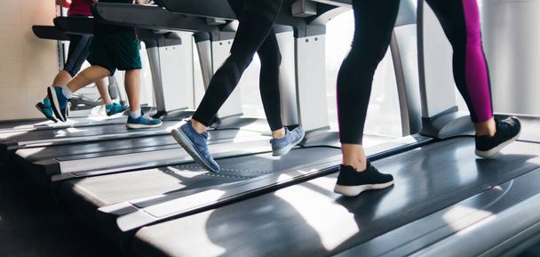 Grupo de personas corriendo en una cinta de correr. Entrenamiento cardiovascular para perder peso en el gimnasio. - Foto, imagen