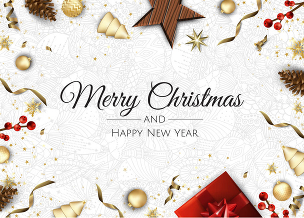 メリー クリスマスと新年あけましておめでとうございます。クリスマス ギフト ボックス、雪とボールのデザインと背景. - ベクター画像