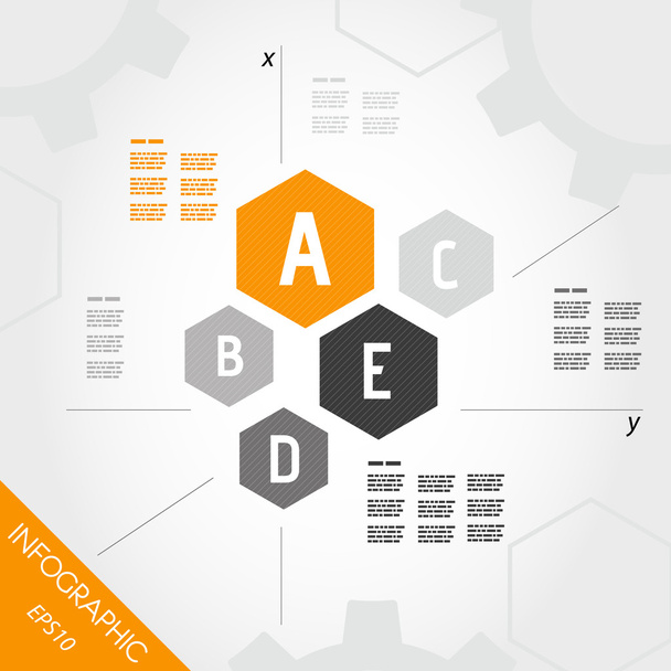 five orange infographic hexagons - ベクター画像