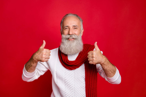 Portrait of his he nice attractive confident content cool cheerful cheery gray-haired man showing double two thumbup ad advert isolated over bright vivid shine red background - Photo, image