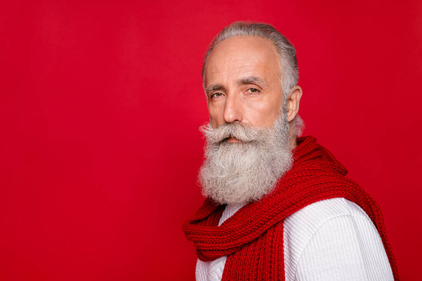 Close up photo of classy person looking wearing white jumper isolated over red background - 写真・画像