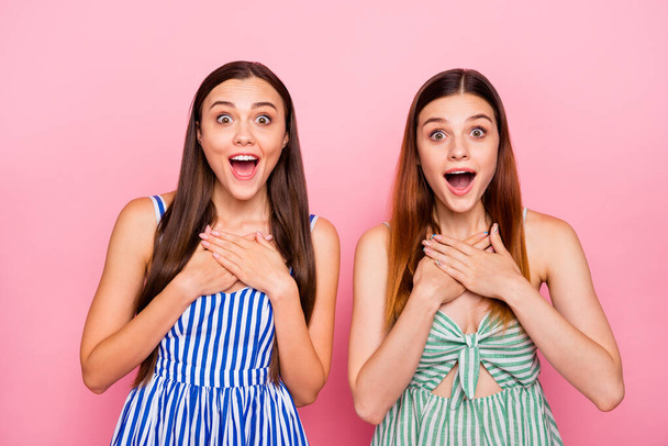 Portrait of impressed two millennial with long hair touching their chest with hands shouting wearing striped dress skirt isolated over pink background - Foto, afbeelding