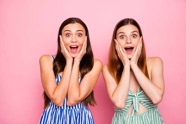Portrait of impressed girls touching their face with hands shouting wearing striped dress skirt isolated over pink background - Фото, изображение