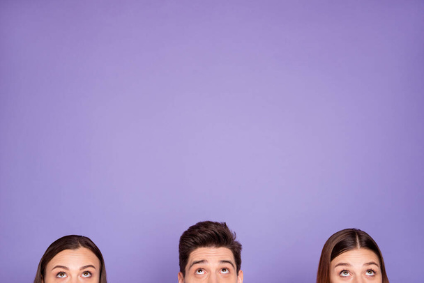 Cropped half-faced view of nice attractive lovely cute funny guys promoting good news copyspace finding solution making decision ad isolated over violet lilac background - Zdjęcie, obraz