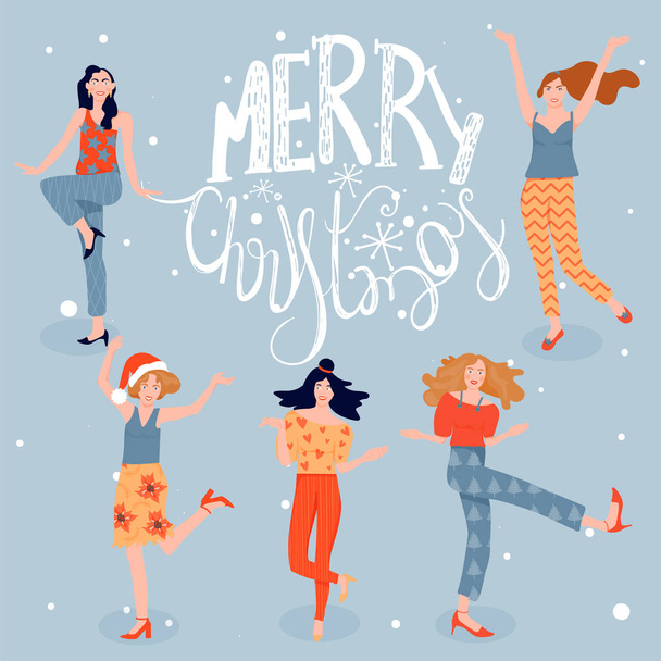 Weihnachten und ein frohes neues Jahr Grußkarte mit tanzenden Mädchen. Frauen tanzen auf einer Weihnachtsfeier und feiern das neue Jahr. - Vektor, Bild