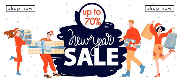 Christmas shopping. Christmas and Happy New Year sales banner. Happy people with Christmas gift and purchases. - Vector, Image