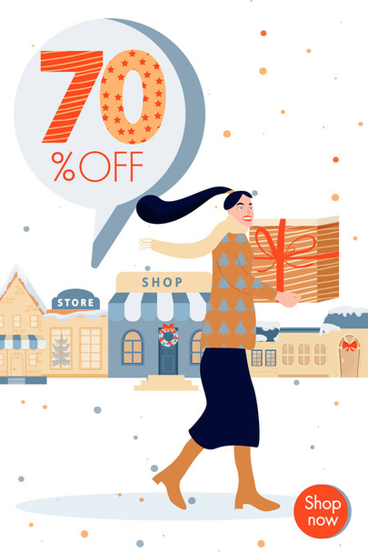 Holidays shopping. Christmas and Happy New Year sales banner. Happy woman with Christmas gift on the background of shops. - Vector, Image