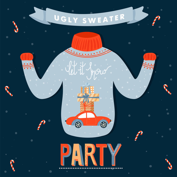 Приглашение на Рождество и Новый год соблазняет на уродливую вечеринку в свитере. Карточка с уродливым свитером и надписью
. - Вектор,изображение