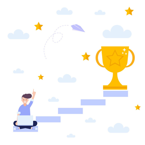 Man achieving success, get trophy,  concept of successful business strategy.Flat vector illustration isolated on white background. Can use for web banner, infographics, web page. - Vector, afbeelding