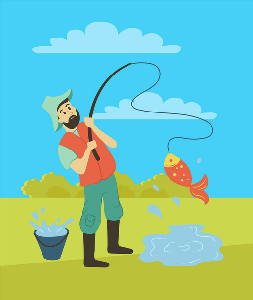 Fishing Hobby of Person, Man with Rod on Pond - Vector, Image