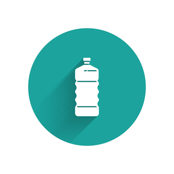 Witte plastic fles pictogram geïsoleerd met lange schaduw. Groene cirkel knop. Vector Illustratie - Vector, afbeelding