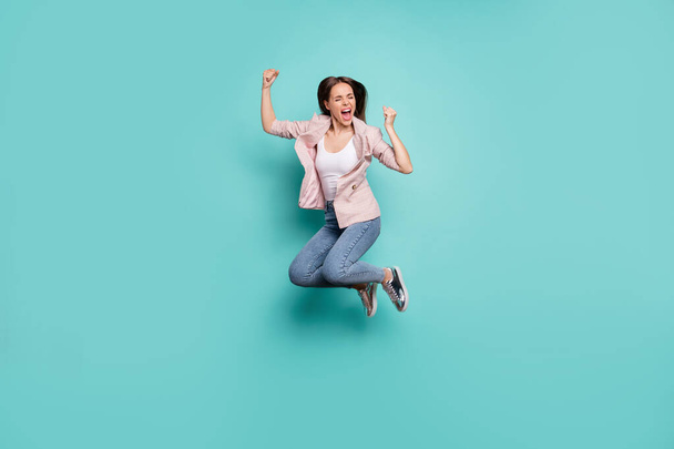 Full length body size view of her she nice-looking attractive pretty cheerful cheery straight-haired lady having fun isolated over bright vivid shine blue green teal turquoise background - Fotografie, Obrázek