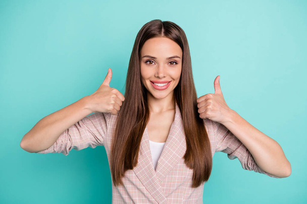 Close-up portrait of her she nice-looking attractive lovely cheerful cheery confident straight-haired girl showing double thumbup isolated over bright vivid shine blue green teal turquoise background - Foto, Bild